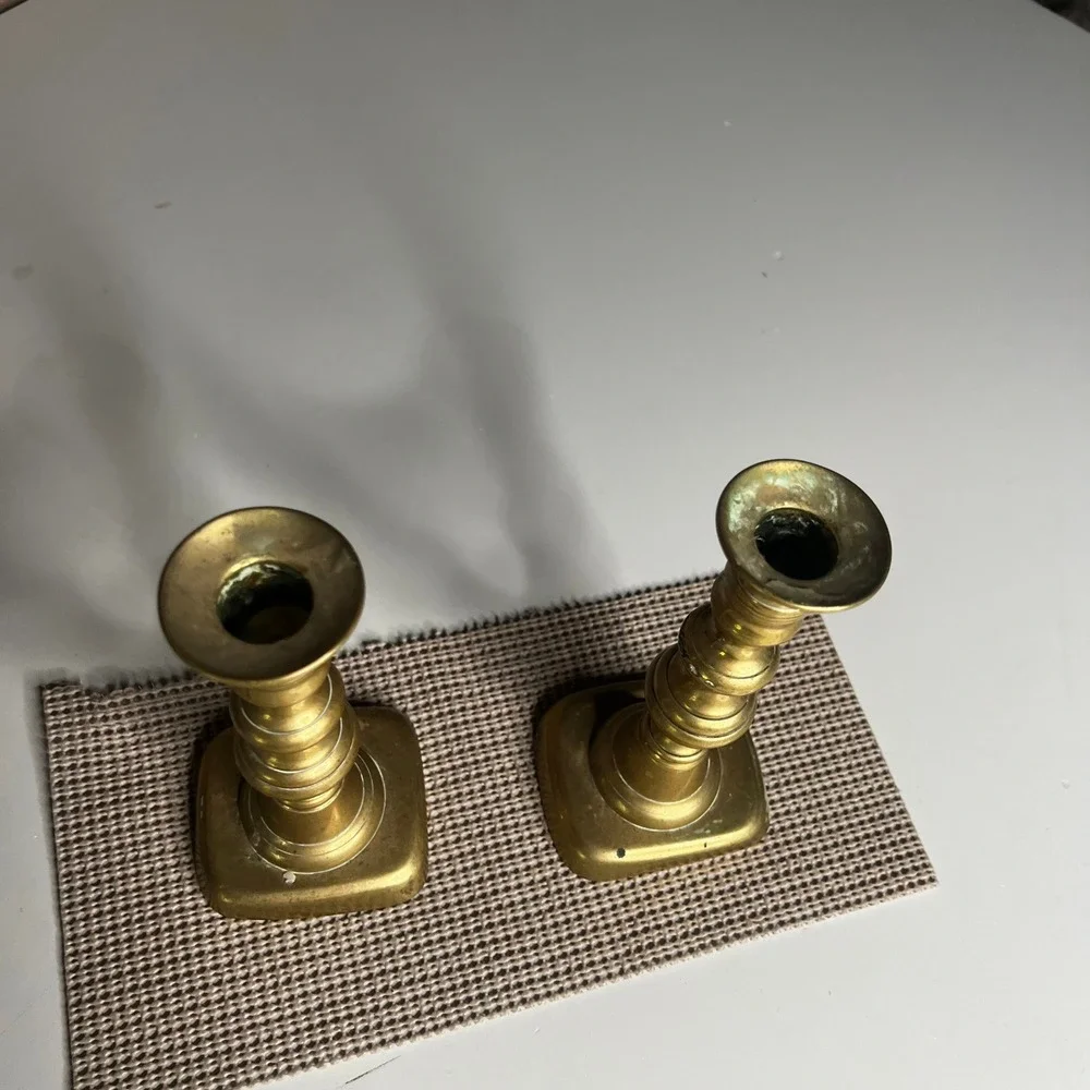 Vintage Solid Brass Candlestick Holders Pair 7 Inch Square Base Traditional Set